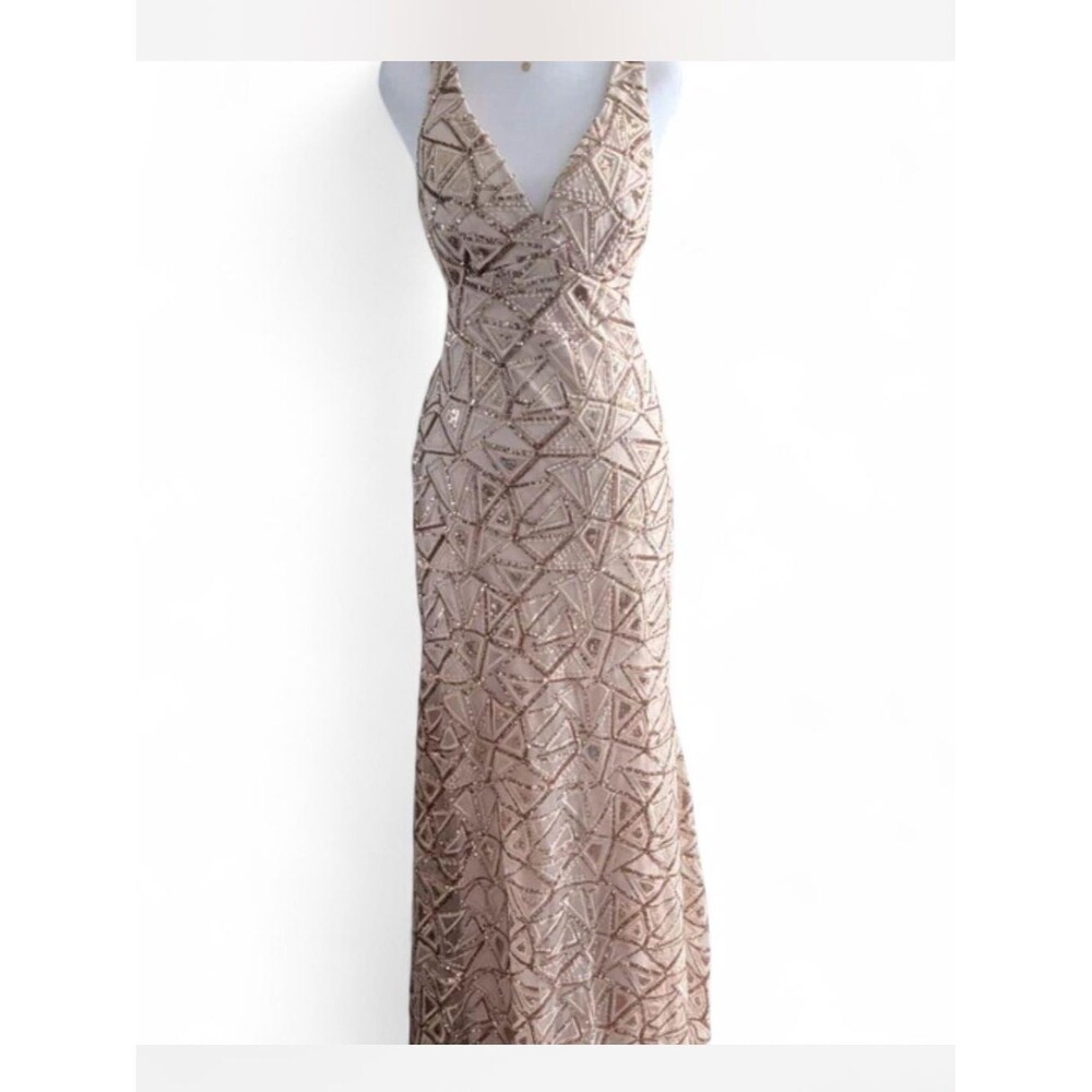 Morgan & Co Champagne Gold Sequin Open Back Gown Formal Evening Dress - Picture 7 of 15